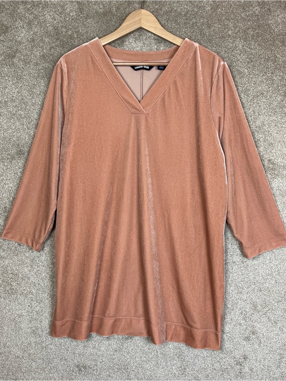 Lands End Tunic Womens Extra Large Pink Velour V Neck 3/4 Sleeve Stretch- 5254